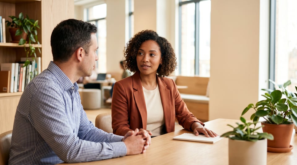 A composed professional woman calmly and warmly setting a boundary during a one-on-one conversation at her desk.