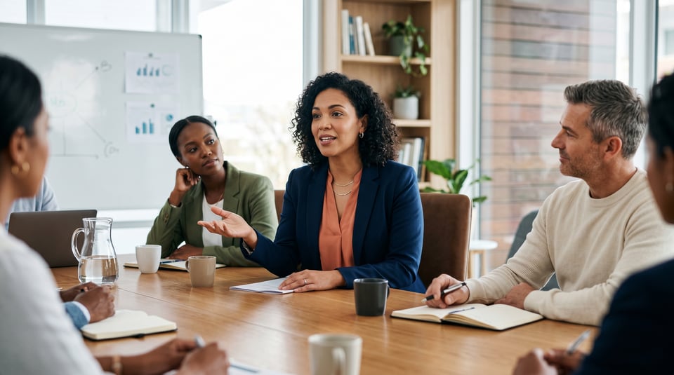 A confident woman executive speaking and gesturing during a meeting with engaged colleagues in a modern boardroom.
