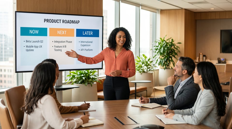 A confident woman presenting a Now/Next/Later product roadmap to executives in a modern, sunlit boardroom.