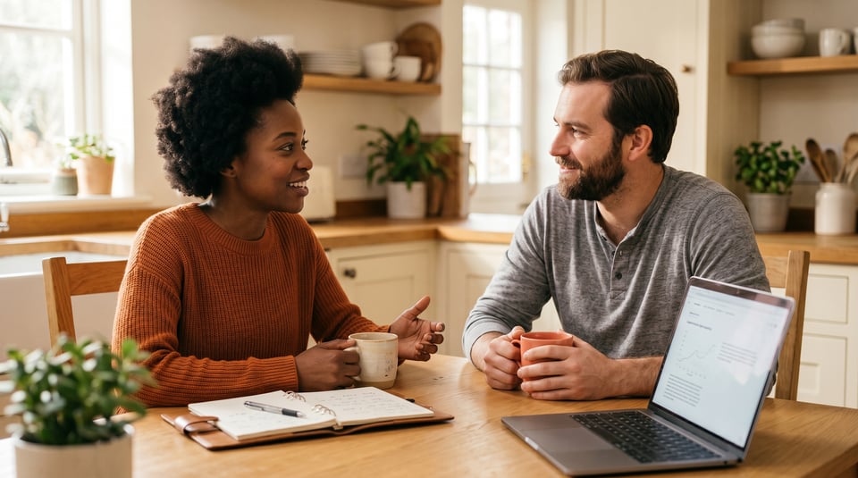 A couple sitting together at a kitchen table having a calm, honest conversation over coffee.