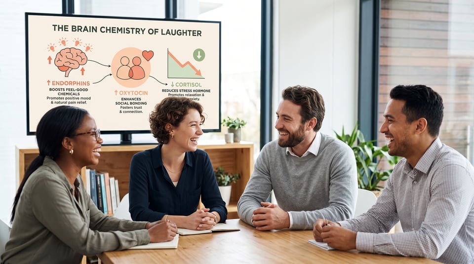 A diverse group of colleagues laughing during a meeting in front of an infographic about the brain chemistry of laughter.