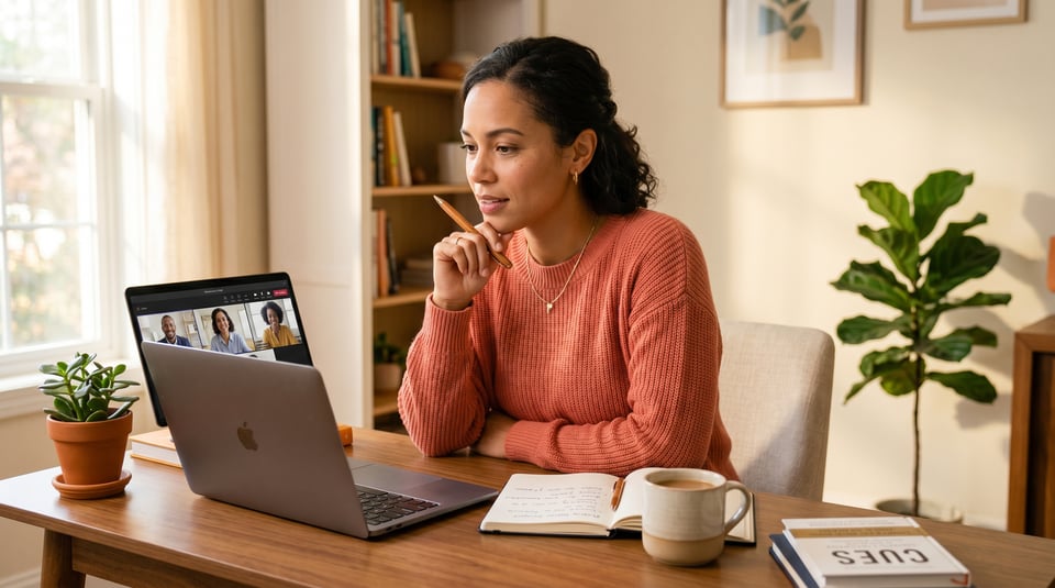 A focused woman in a coral sweater looks thoughtfully at a laptop during a video call in a bright home office.