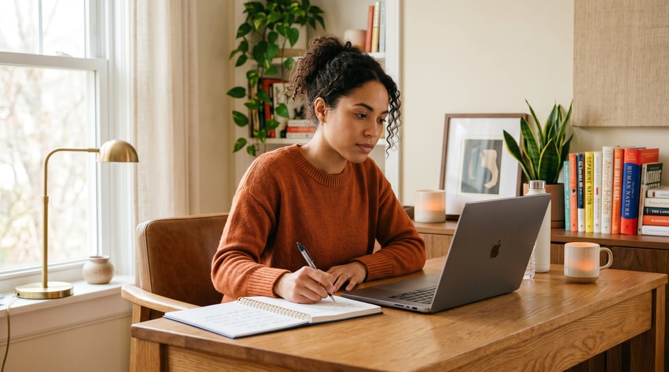 A focused woman in an orange sweater writes in a notebook while working on a laptop in a bright, plant-filled home office.