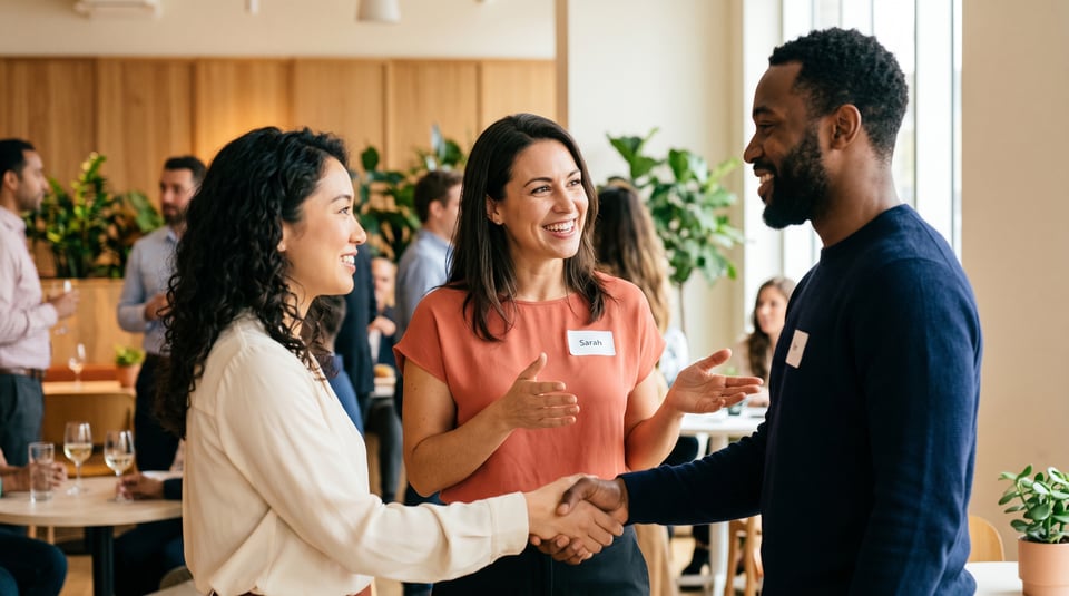 A friendly person warmly introducing two other people to each other as they smile and shake hands at a casual gathering.