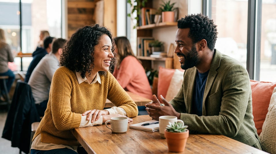 A man and woman engaged in warm conversation at a coffee shop, leaning in with genuine smiles and open body language.
