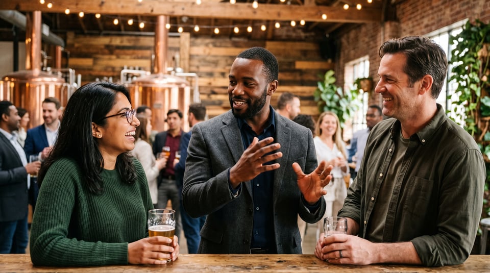 A man at a networking event mid-conversation with two strangers in a brewery under warm string lights, gesturing while telling a story, the other two leaning in and smiling — what a conversation looks like when story-generating questions land.