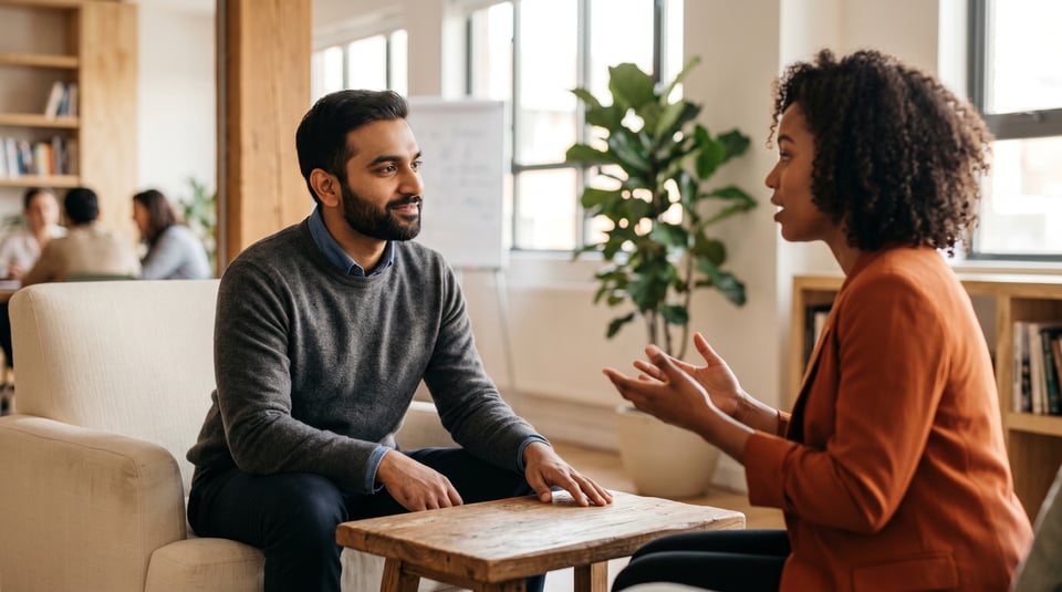A man in his 30s actively listening to a woman across a small table, his expression calm and engaged with a slight half-smile and steady warm eye contact, while she gestures mid-story — the triple nod and 50/70 eye contact rule in everyday practice.