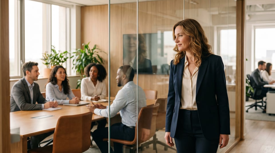 A professional woman in a navy suit stands thoughtfully outside a glass conference room during a team meeting.