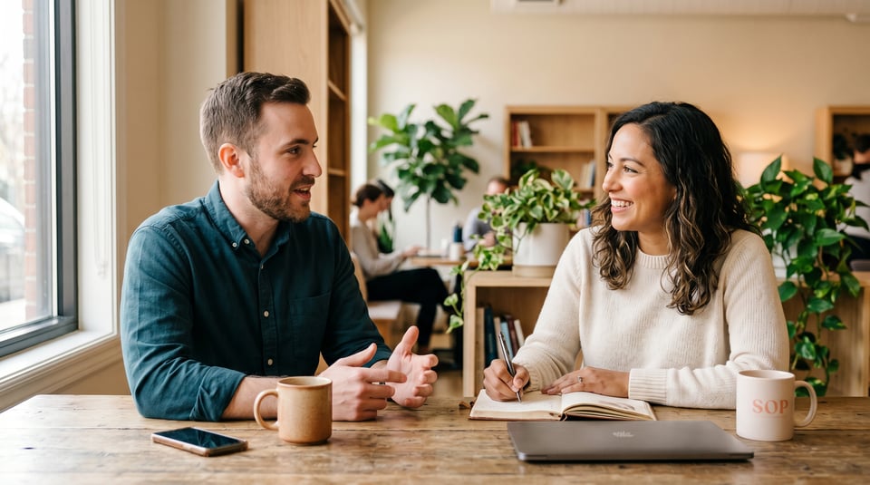 A smiling woman takes notes while a man gestures during an engaged one-on-one interview at a sunlit cafe table.
