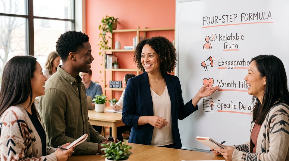 A woman presenting a four-step communication formula on a whiteboard to an engaged, smiling group of professionals.