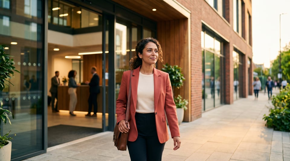 A woman walking out of an office building into golden-hour evening light, composed and quietly smiling to herself after a hard conversation that went better than she feared — the look of someone who ran the recovery protocol instead of the rumination loop.