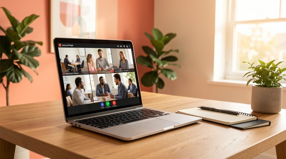 A laptop on a desk showing a video call interview in progress, seen slightly from the side so the screen is at an angle.