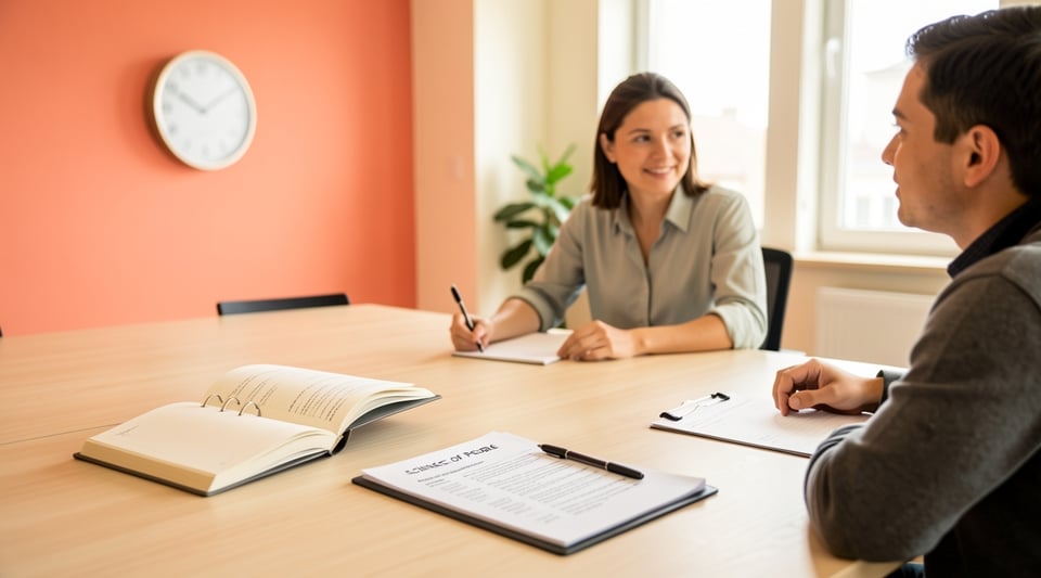 A wall clock and an open planner on a bright conference room table, with a printed agenda page and a pen.