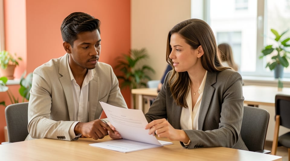 Two HR professionals sitting together reviewing a printed document at a table in a bright modern office.