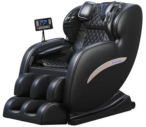 Cadeira de massagem elegante em couro preto com controles digitais. Oferece relaxamento profundo, ajudando os usuários a descontrair e aliviando o estresse.