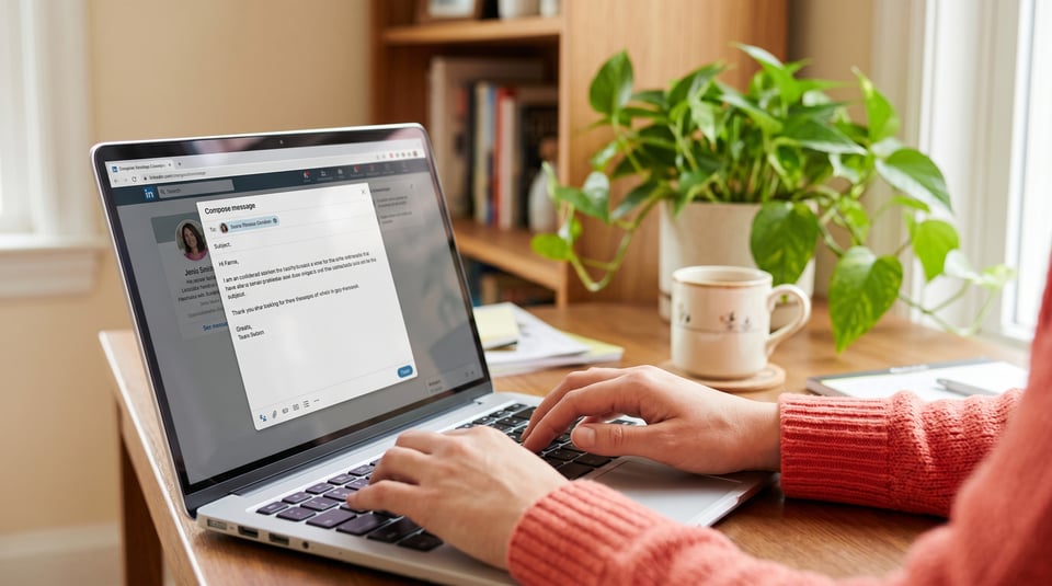 Close-up of hands typing a professional LinkedIn message on a laptop in a cozy, sunlit home office with a green plant.
