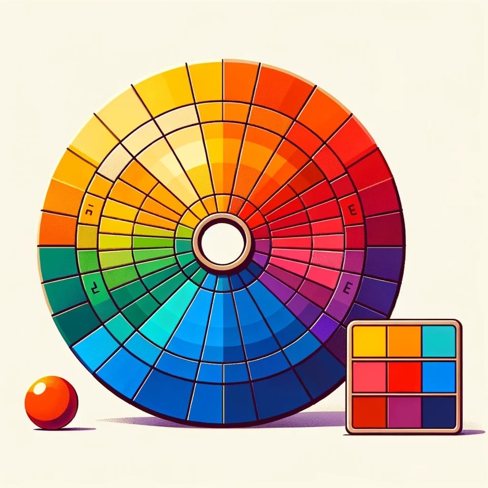 Farbkreis mit segmentierten Farbtönen. Neun-Block-Farbpalette und orangefarbene Kugel illustrieren die Farblehre.