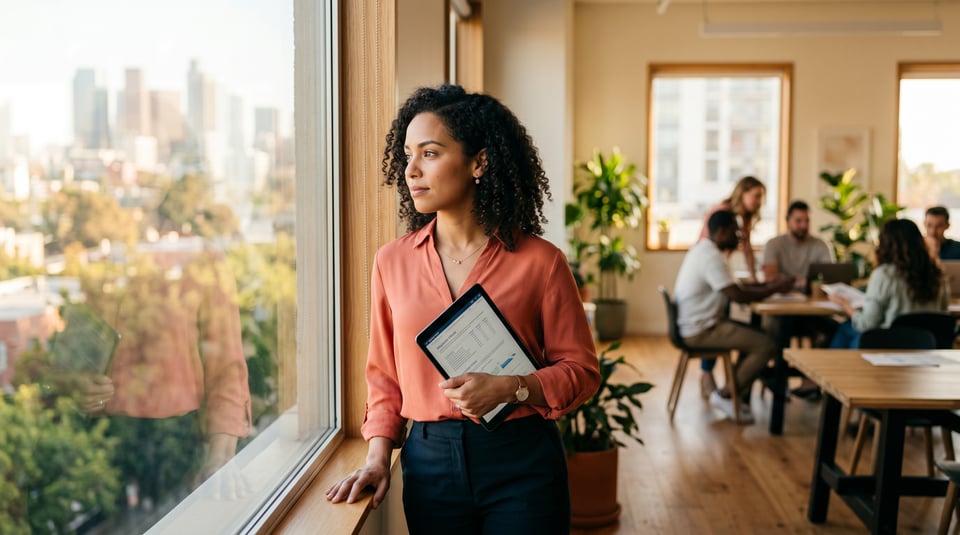 Confident professional woman holding a tablet, gazing thoughtfully out a large office window at a city skyline.