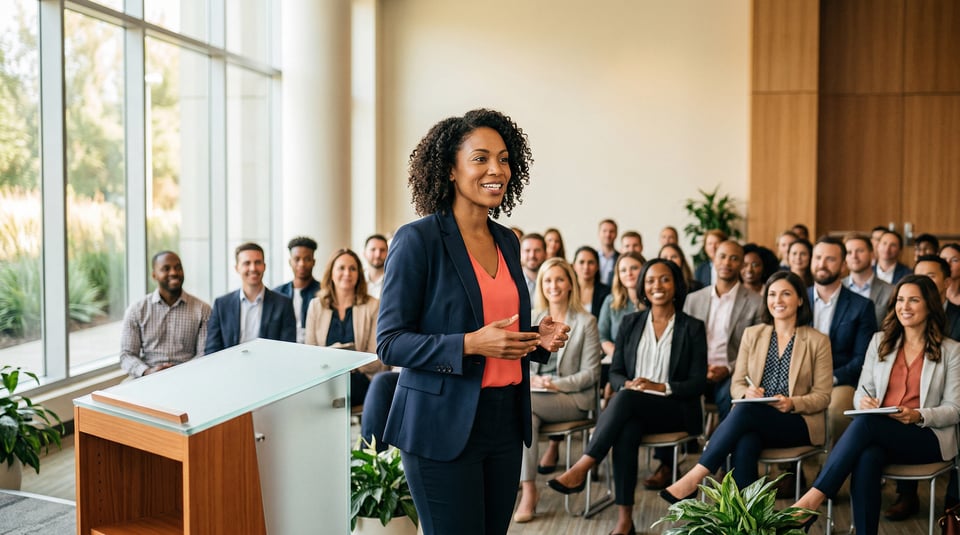 Confident professional woman speaking at a podium to an engaged audience in a modern office event space.