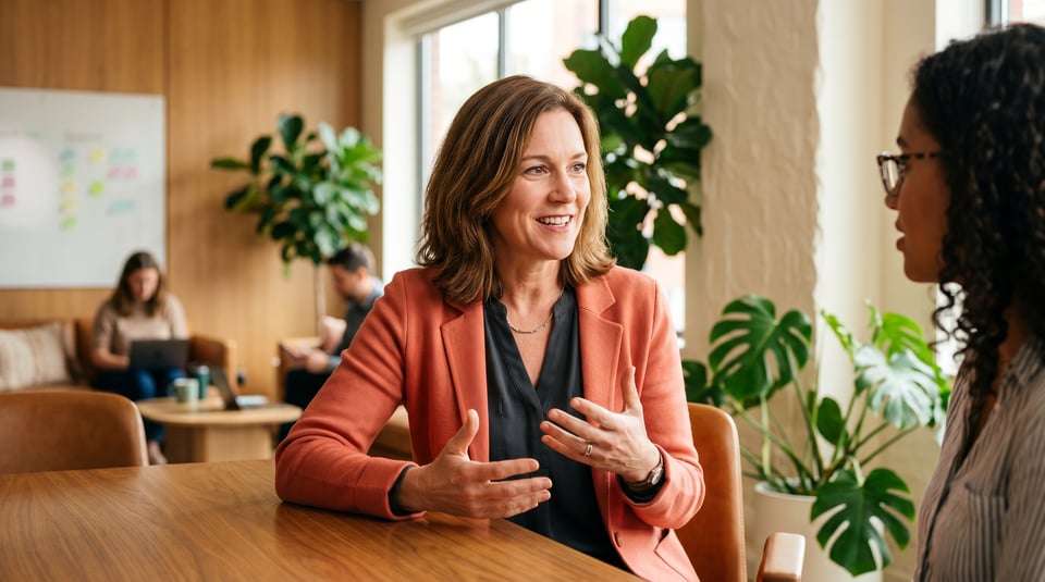 Confident woman in a coral blazer gesturing expressively while speaking in a modern office interview setting.