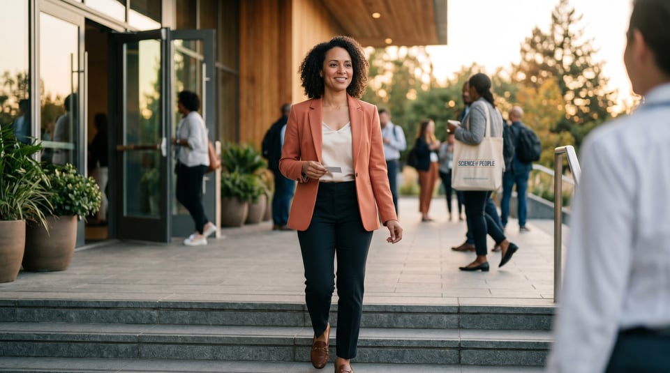 Confident woman in a terracotta blazer walking out of a conference venue, smiling and holding a business card.