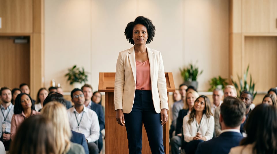 Confident woman in a white blazer stands calmly on a stage before an audience, demonstrating a professional pause.