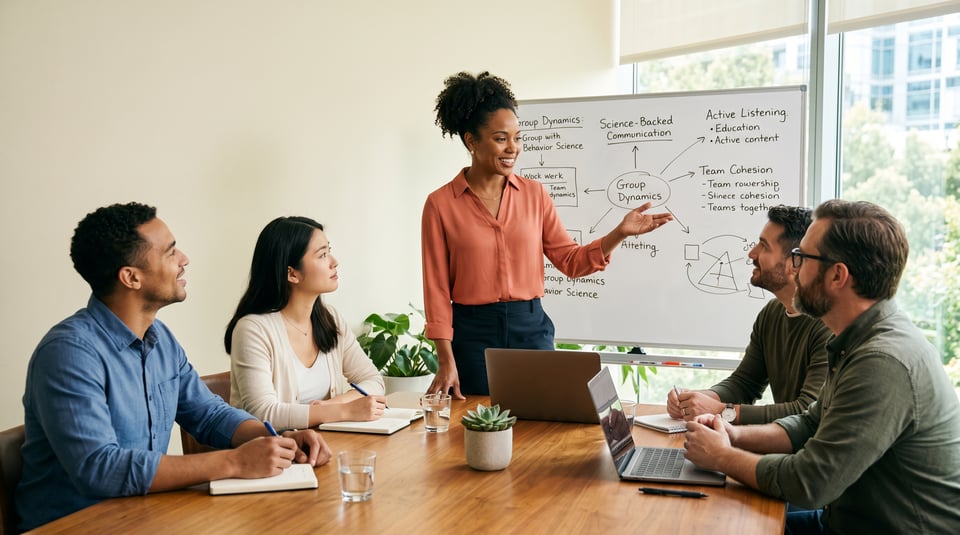 Confident woman leading a strategy meeting, gesturing to a whiteboard about group dynamics while colleagues listen.