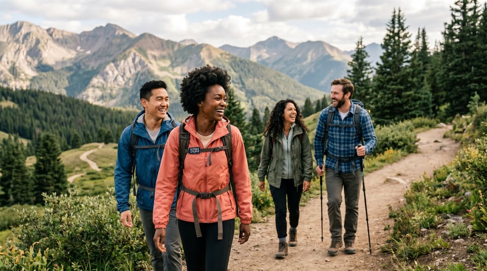 Diverse group of colleagues laughing and hiking on a scenic mountain trail, showcasing positive team dynamics and bonding.