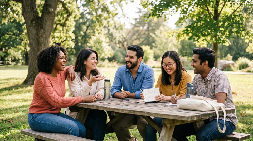 Diverse professionals laughing and collaborating around a park picnic table, showing open, positive body language.