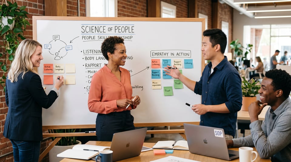 Diverse team collaborating at a Science of People workshop whiteboard, discussing empathy and communication skills.