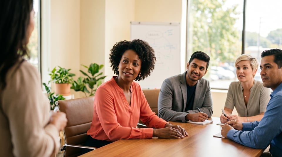 Diverse team demonstrating active listening and engagement during a collaborative meeting in a bright office.