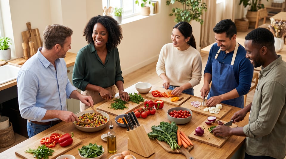 Diverse team smiling and laughing while preparing healthy vegetables together at a large wooden kitchen island.