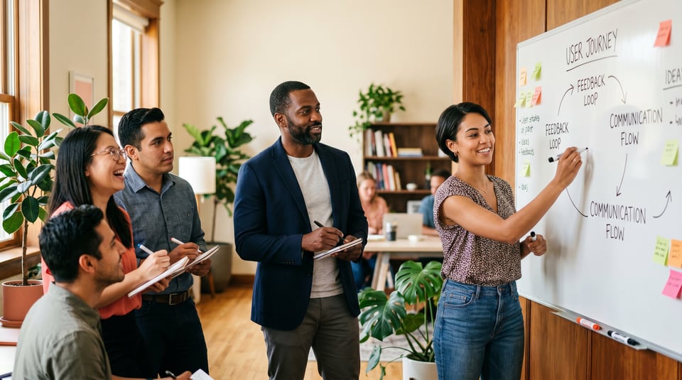Diverse team smiling and taking notes while a colleague draws a User Journey diagram on a whiteboard in a bright office.