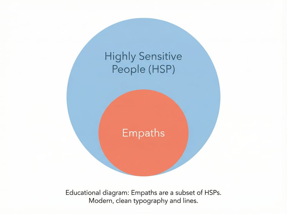 Diagrama de Venn que muestra a los Empatas como un círculo más pequeño dentro de un círculo más grande de Personas Altamente Sensibles (PAS), ilustrando que todos los empatas son PAS pero no todas las PAS son empatas