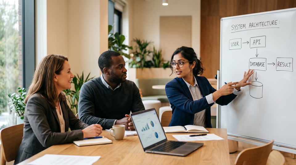 Female engineer explaining a system architecture diagram on a whiteboard to two attentive colleagues in a modern office.