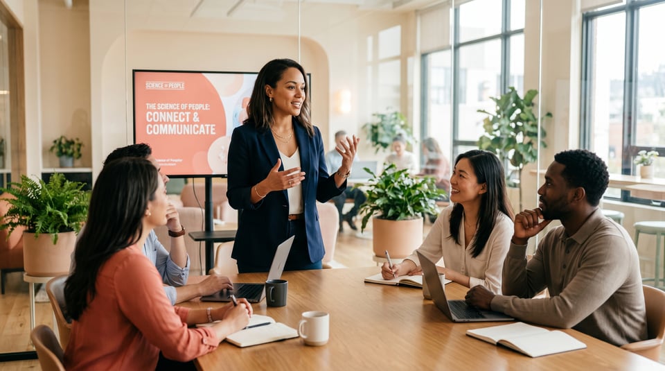 Female manager presenting with open hand gestures to an attentive, diverse team in a bright, modern office setting.