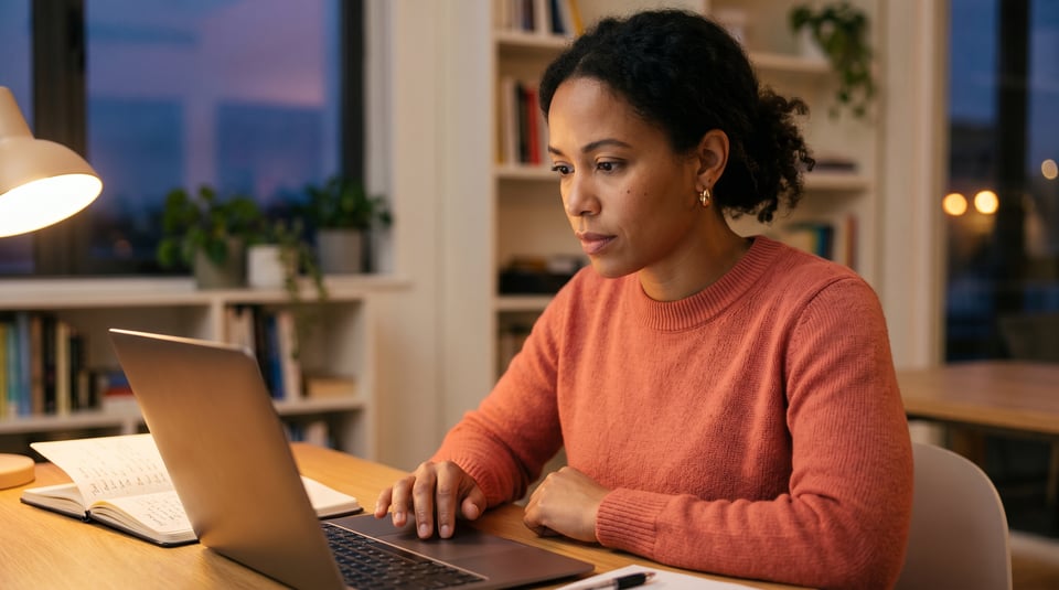 Focused woman in a coral sweater working on a laptop in a quiet office at dusk with a warm desk lamp.