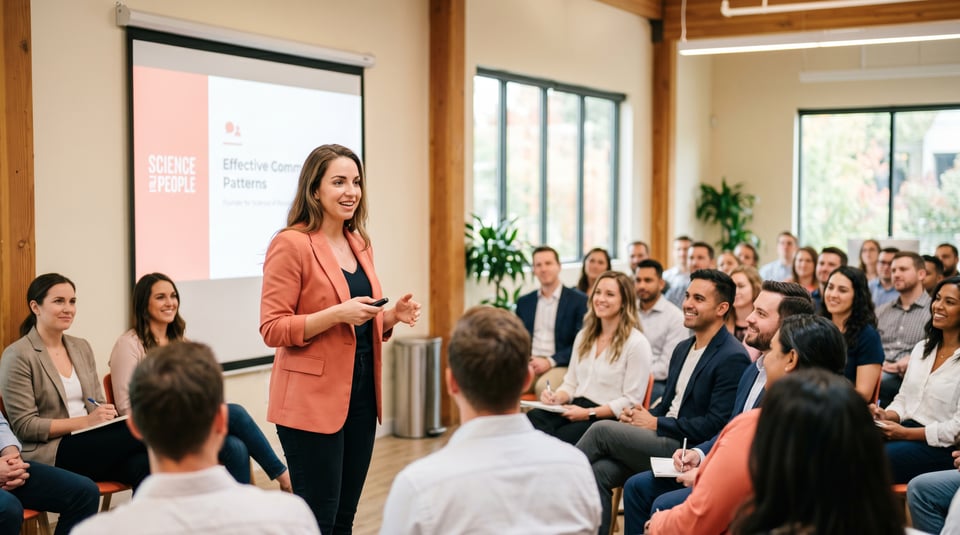 Founder speaking confidently to an engaged audience about effective communication patterns in a modern office.