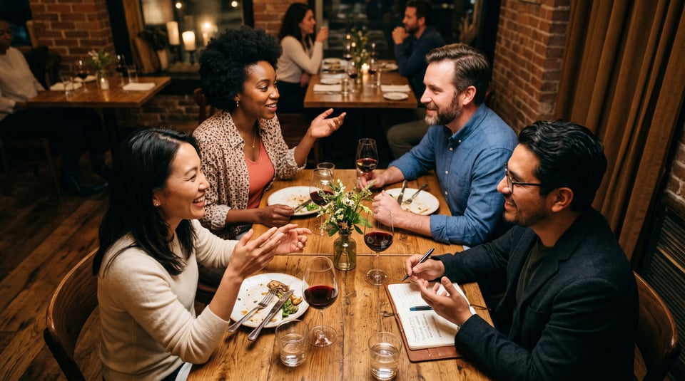 Four diverse professionals smiling and gesturing during an intimate dinner conversation at a restaurant table.