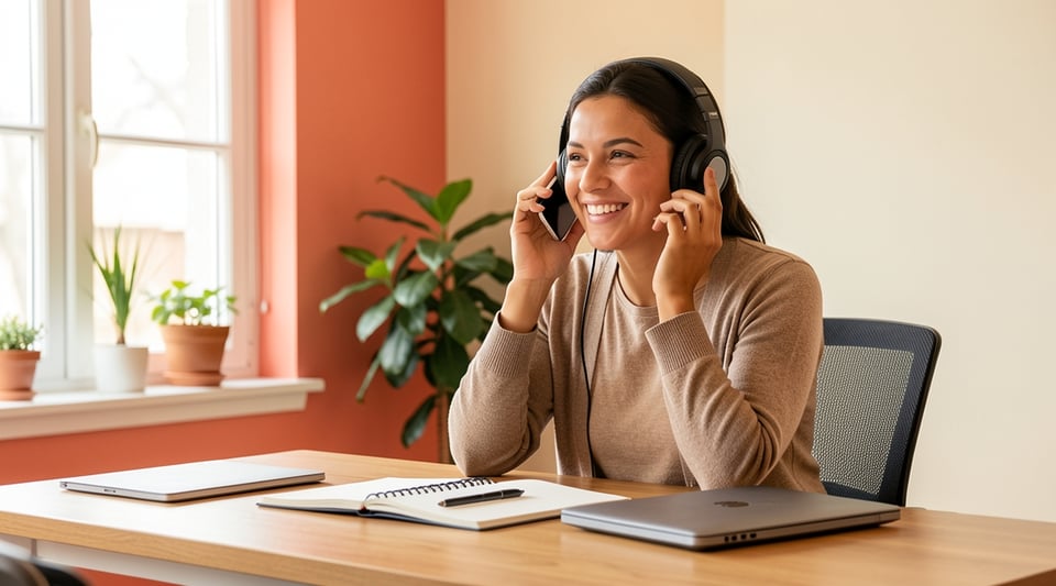 A smiling person on a phone call at a home desk, laptop closed beside an open notebook.