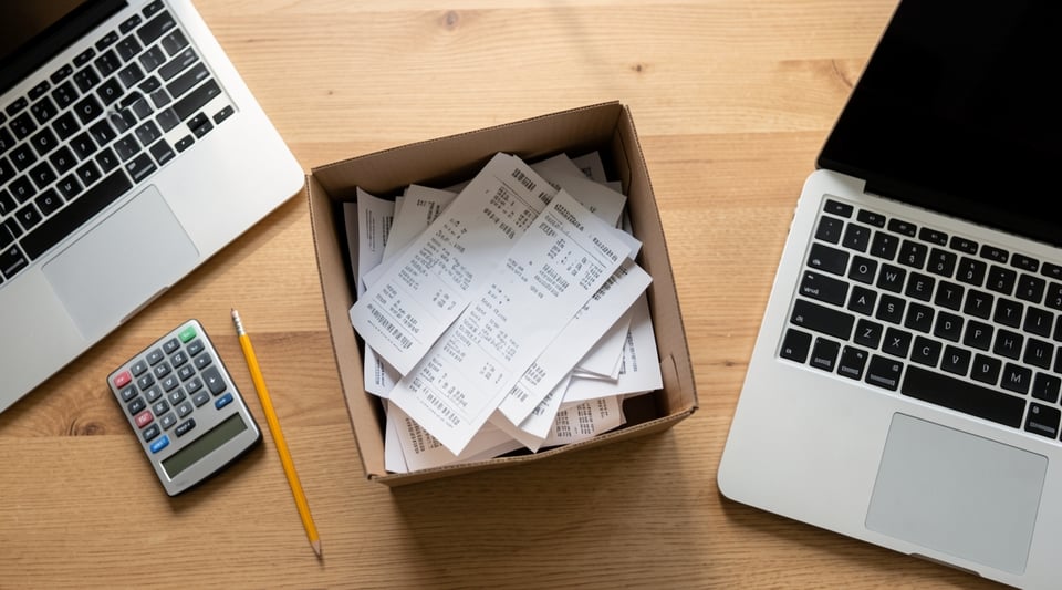 A shoebox overflowing with paper receipts on a desk beside a calculator, a pencil, and two laptops.