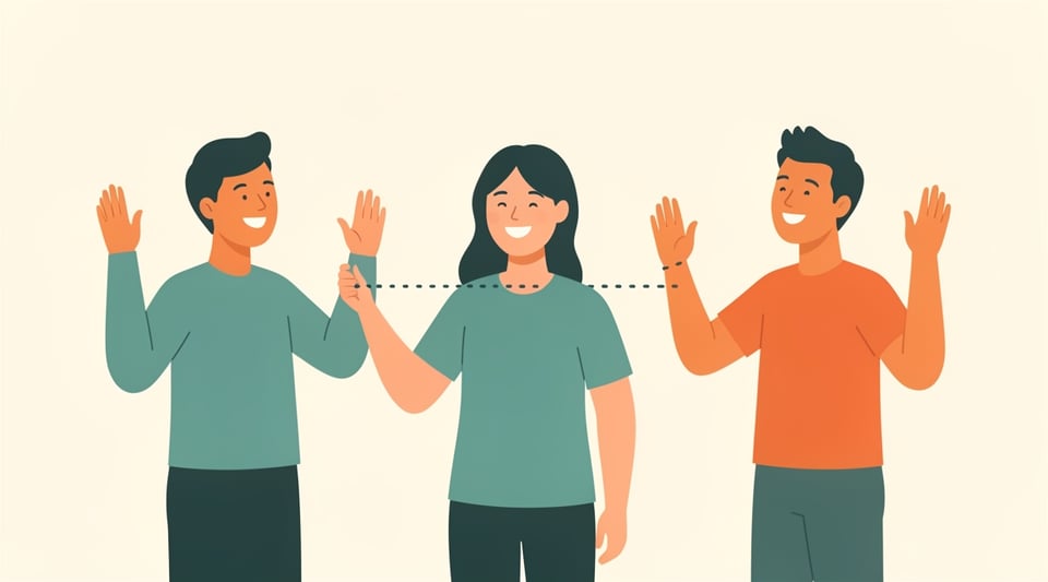 Illustration of one smiling person drawing a dotted line between two waving friends.