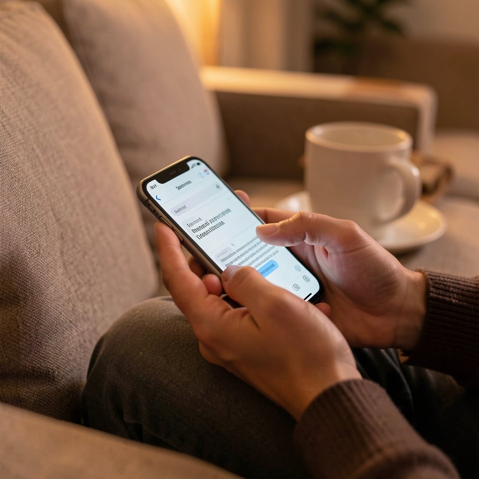 Hands typing a short text message on a smartphone, with a mug on the sofa arm nearby.