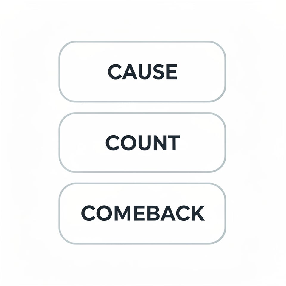 A three-panel diagram stacks the words CAUSE, COUNT and COMEBACK.