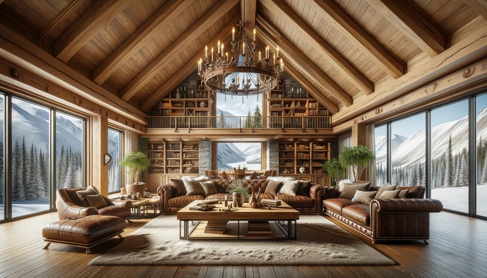 Luxuriöse Lodge: gewölbte Holzdecken, Ledersofas, riesige Fenster mit Blick auf verschneite Berge. Kronleuchter, warm und einladend.