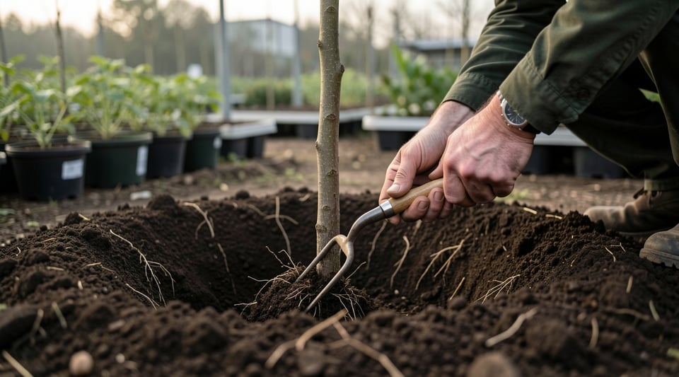 A gardener loosens soil in a ring around the base of a young tree, fine roots showing in the turned earth.