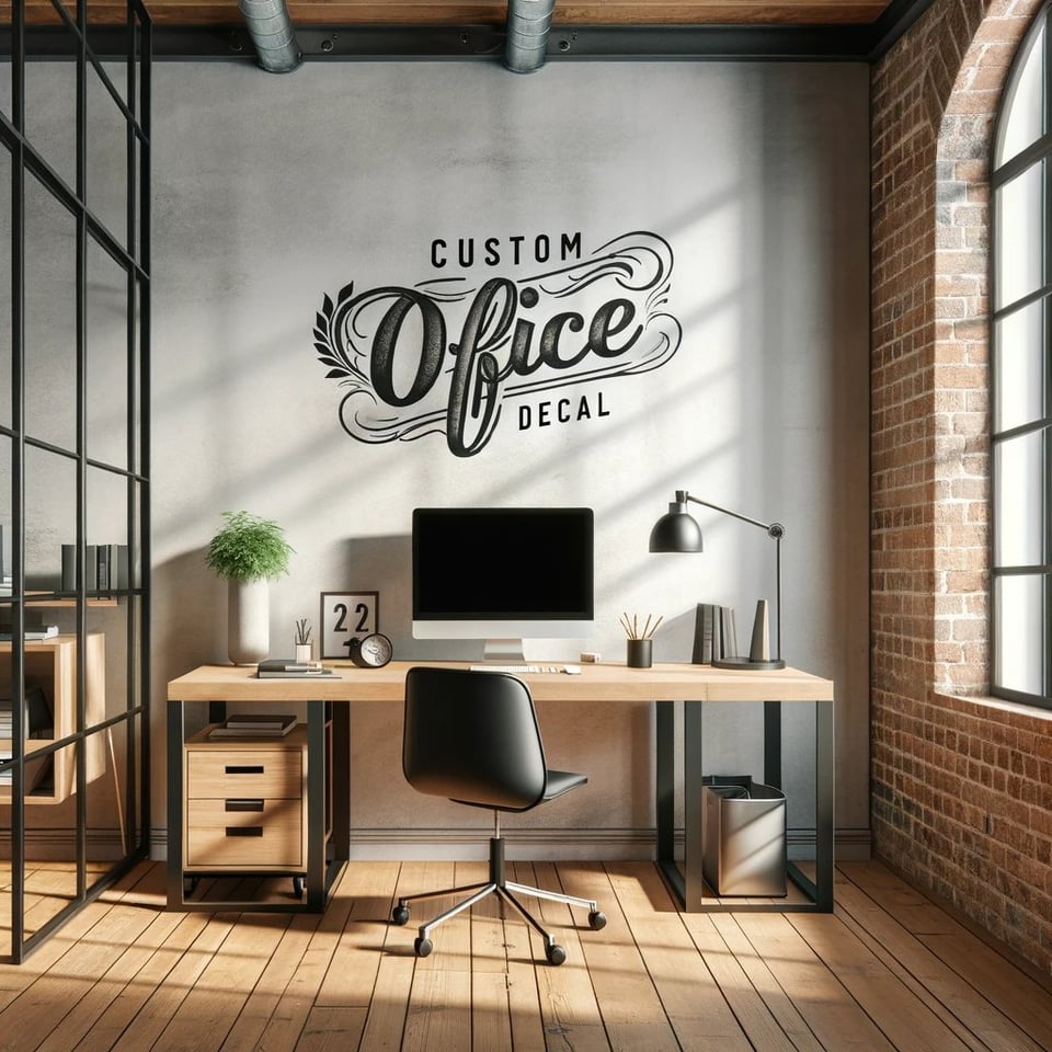 デスク、コンピューターがあるモダンなオフィス。壁にはカスタムの「Office DECAL（オフィスデカール）」がある。日光が差し込み、生産的で魅力的。