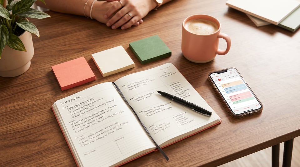 Overhead view of an open 90-day planner on a wooden desk with color-coded sticky notes, coffee, and a calendar app.