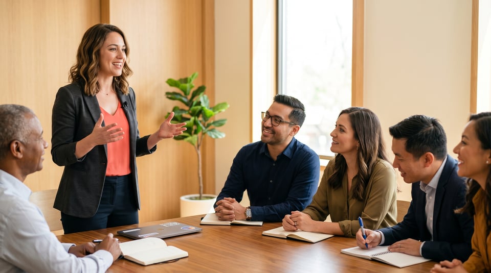 Professional woman speaker gesturing expressively to an engaged group of colleagues during a workshop in a bright office.