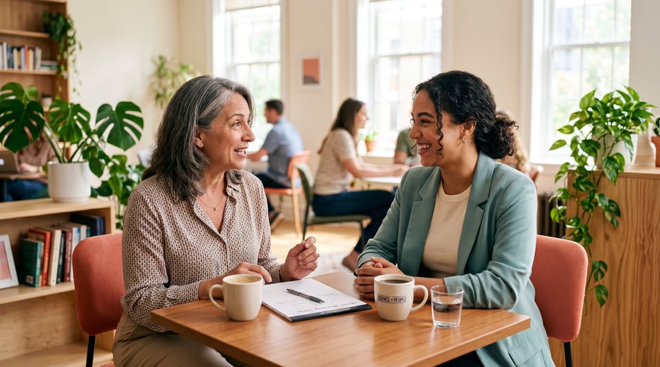 Senior woman manager and junior colleague smiling during a mentoring conversation over coffee in a bright office.